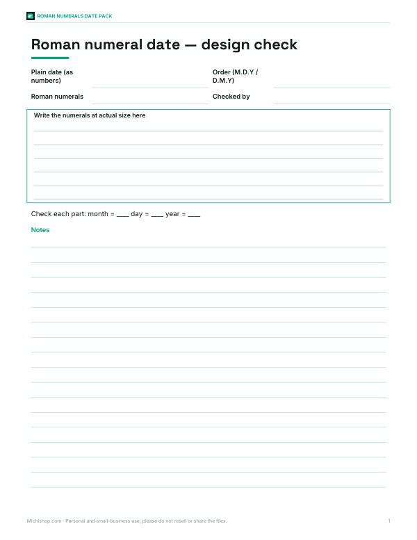 Preview of Printable Roman Numeral Date Sheet