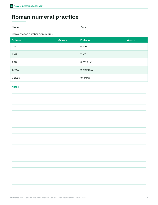 Preview of Roman Numeral Date Practice Worksheet